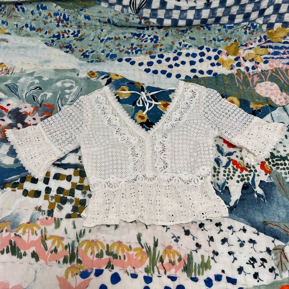 Abercrombie 3/4 V-neck blouse, crochet/lace/eyelet pattern